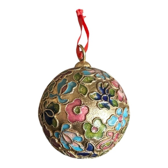 Cloisonné Vintage Christmas Ornament Floral Ball Bauble Gold Pink Green Blue - Picture 4 of 7